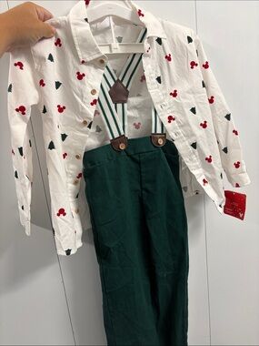 Disney Button-Down Shirt with Mickey Print & Green Pants with Suspenders